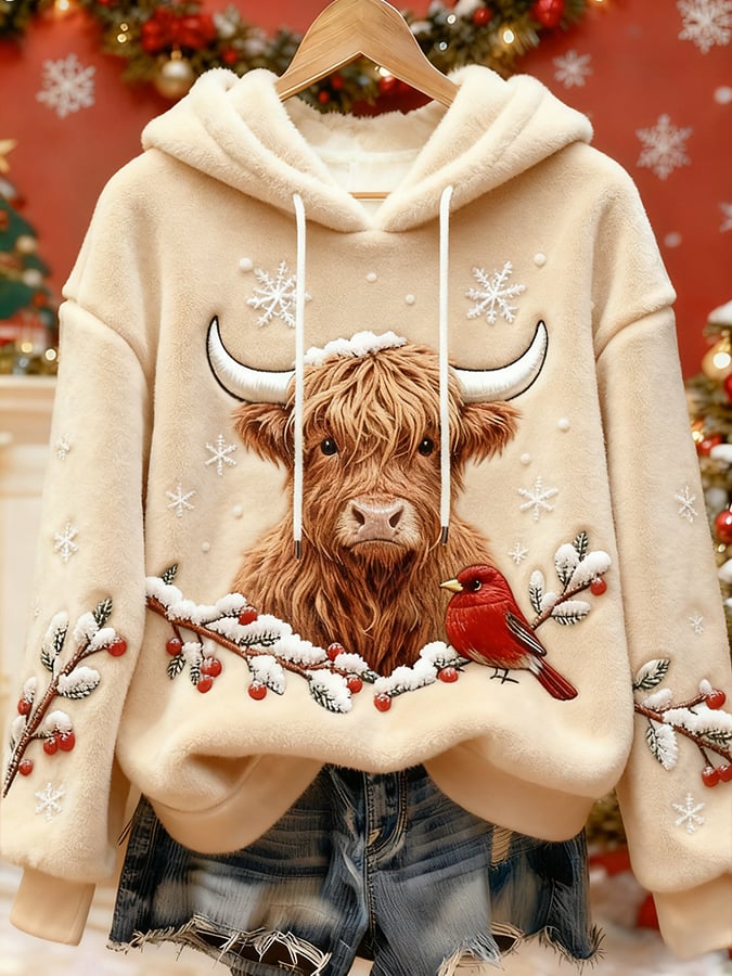 Women's Christmas Highland Denim Print Sweatshirt