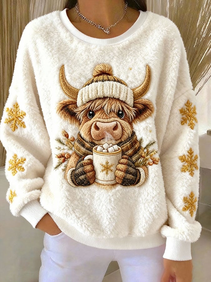 Women's Christmas Cute Highland Cow Print Casual Flannel Top