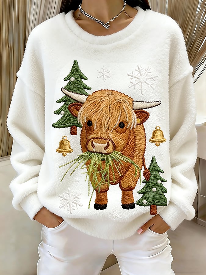 Women's Christmas Cute Highland Cow Print Casual Flannel Top