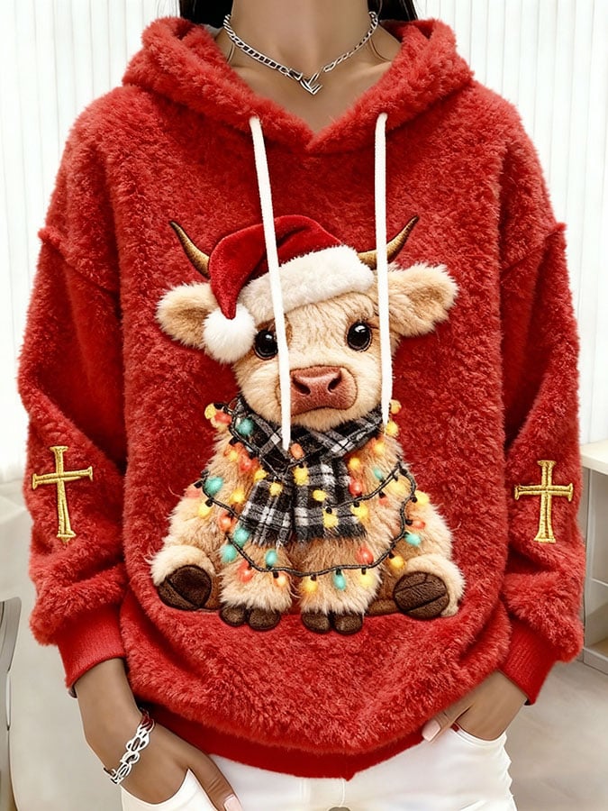 Women's Christmas Cute Highland Cow Print Casual Flannel Top