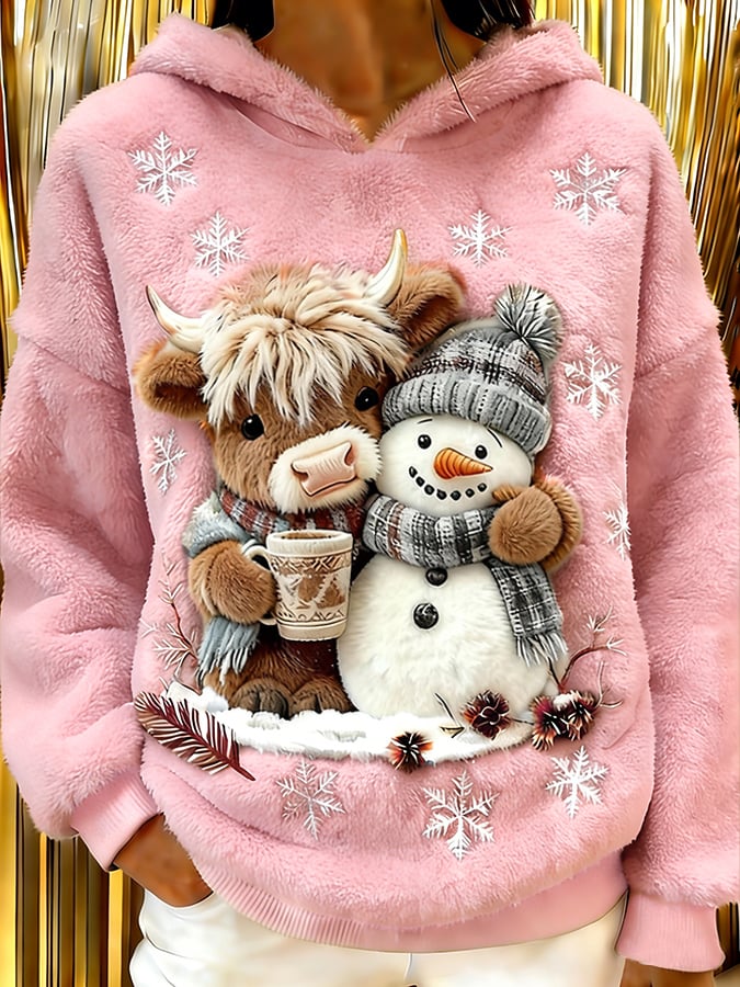 Women's Highland Cow Snowman Flannel Hooded Sweatshirt