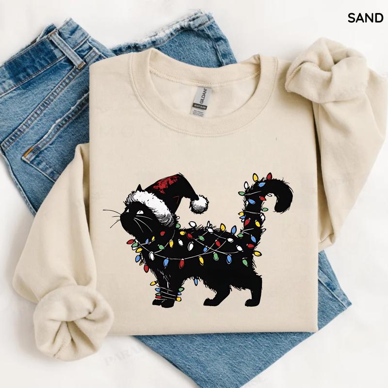 Cute Cat Christmas Sweatshirt, Gildan Sweatshirt, Cat Mom Gift, Retro Winter Vibes Sweatshirt