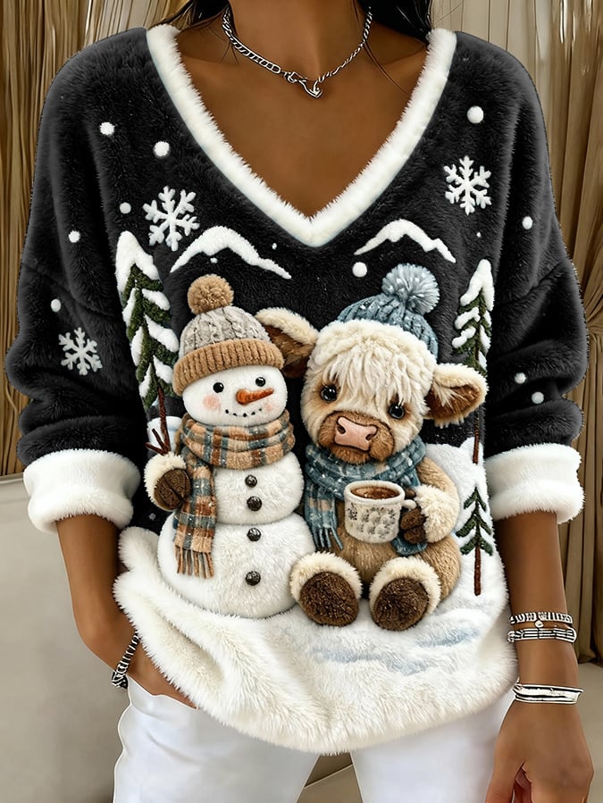 Women's Animal Highland Cow Yeti Art Print V-Neck Top