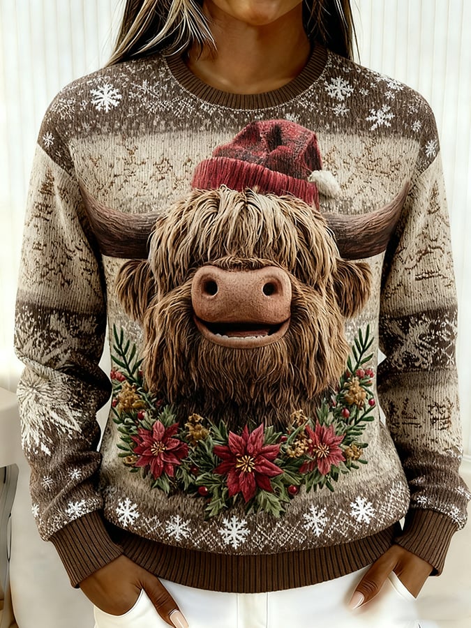 Women's Christmas Fun Animal Highland Cow Print Sweatshirt
