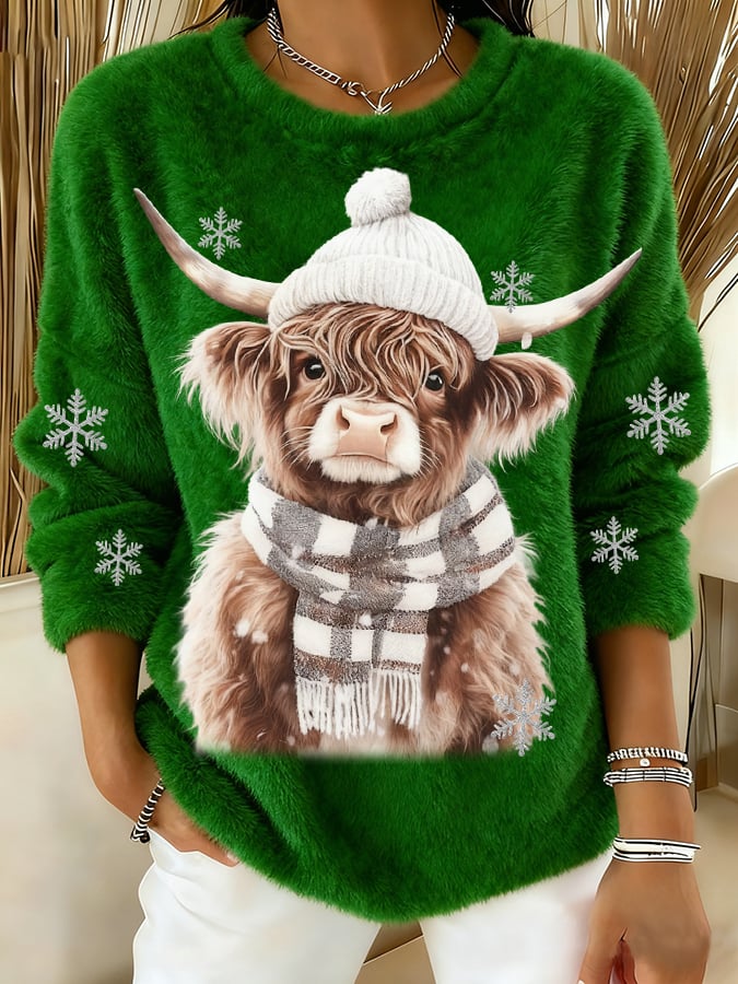 Women's Animal Highland Cow Art Print Round Neck Top