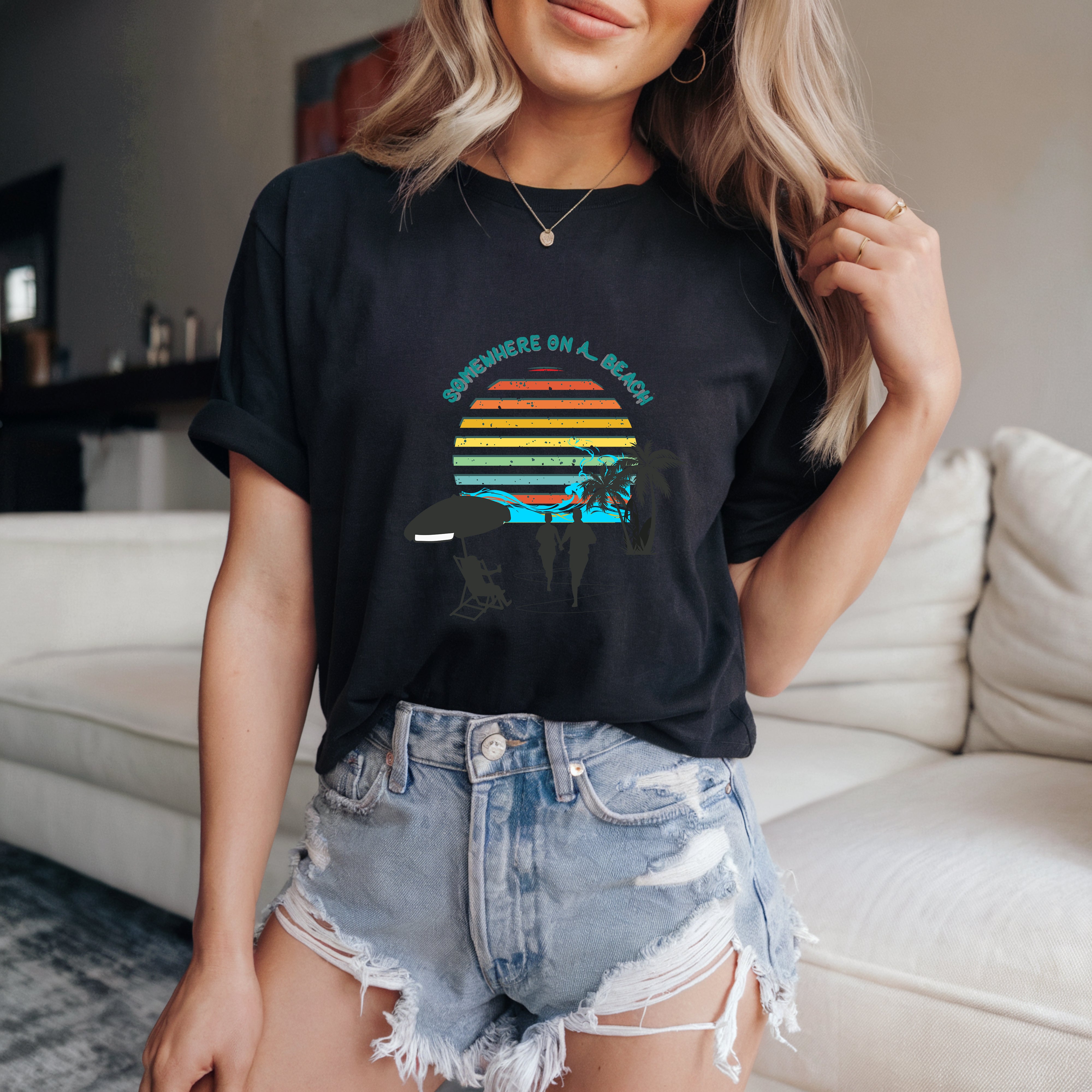 Couple On Vacation Cartoon Print T-shirt