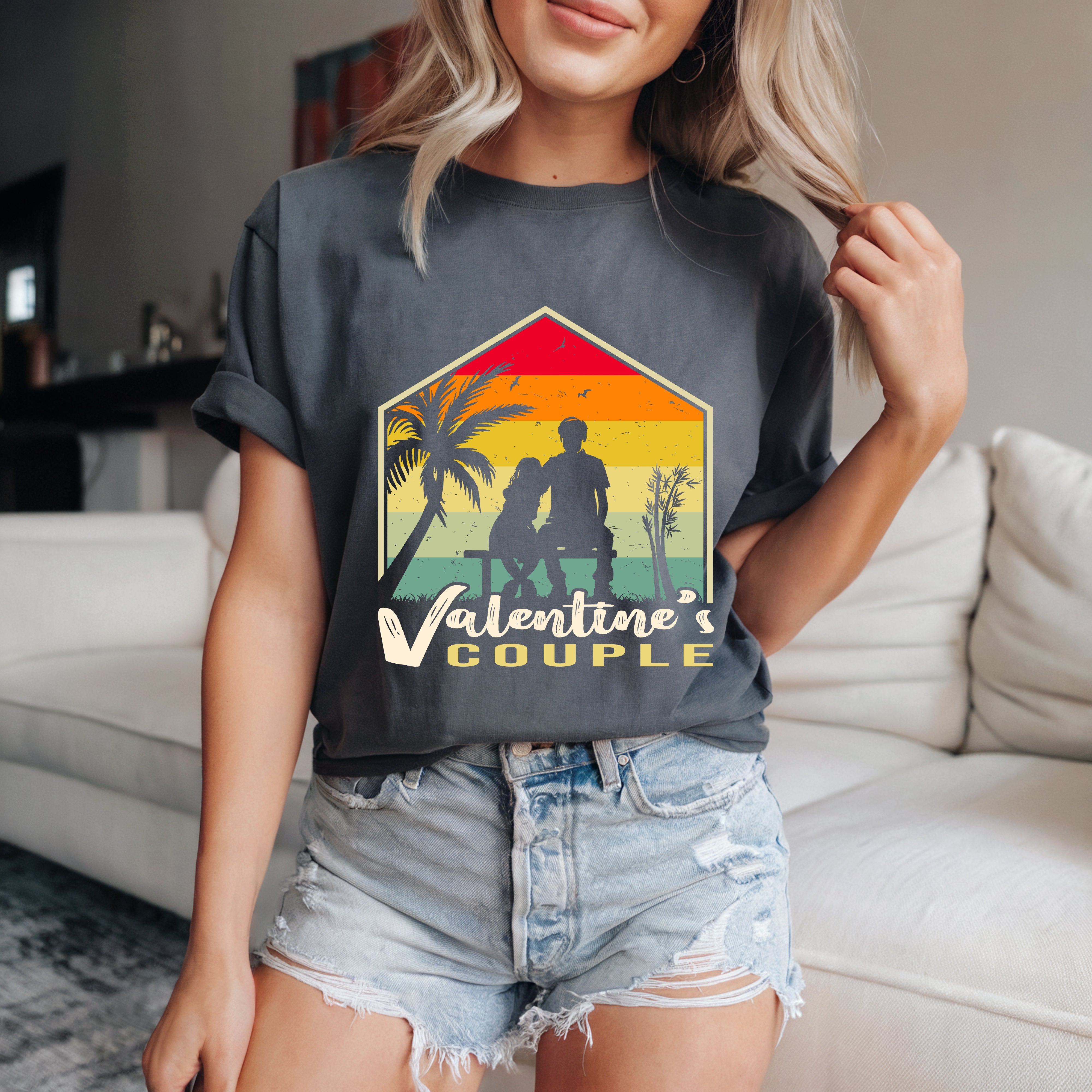 Couple On Vacation Women's Straight Shoulder Printed Short Sleeves