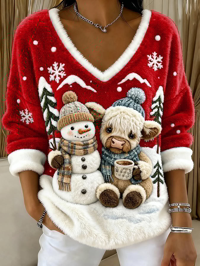 Women's Animal Highland Cow Yeti Art Print V-Neck Top