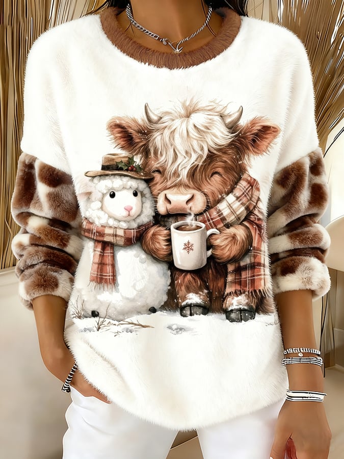 Women's Farm Animal Print Crew Neck Top