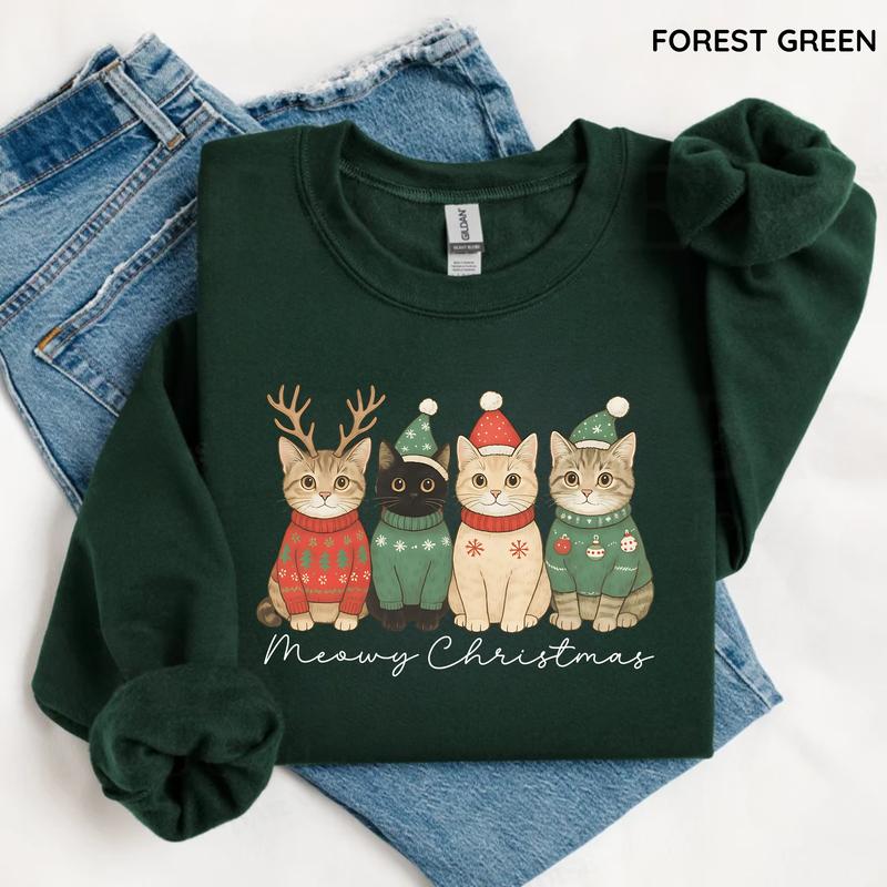 Meowy Christmas Sweatshirt, Cute Gildan Cat Sweatshirt, Cat Mom Gift, Retro Winter Vibes Sweatshirt