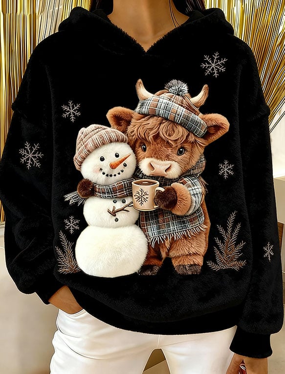Women's Highland Cow Snowman Flannel Hooded Sweatshirt