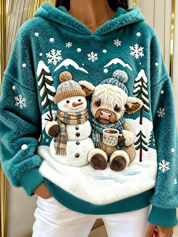 Women's Highland Cow Snowman Flannel Hooded Sweatshirt