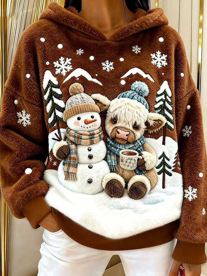 Women's Highland Cow Snowman Flannel Hooded Sweatshirt