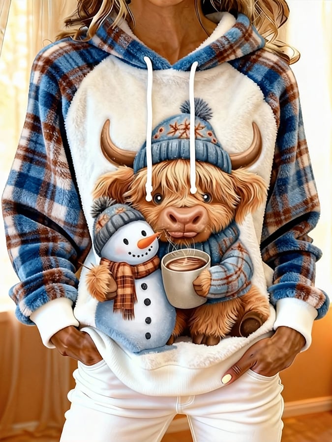 Women'S Cute Animal Highland Cow Print Flannel Raglan Sleeve Hooded Top