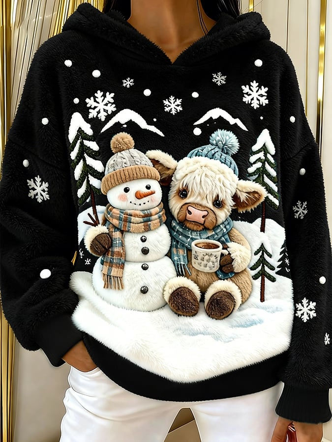 Women's Highland Cow Snowman Flannel Hooded Sweatshirt