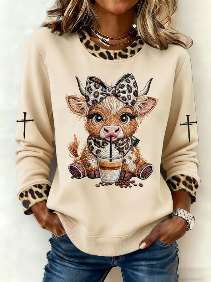 Women's Retro Cute Highland Cow Leopard Print Color Block Sweatshirt