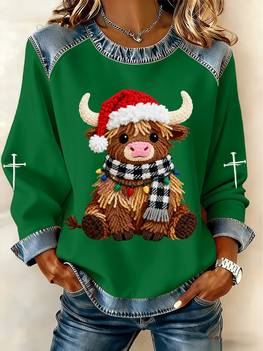 Women's Christmas Highland Cow Faith Print Fleece Sweatshirt