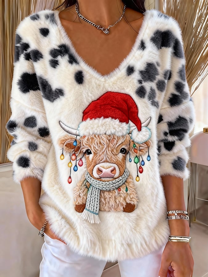 Women's Fluffy Highland Cow Print Flannel Sweatshirts