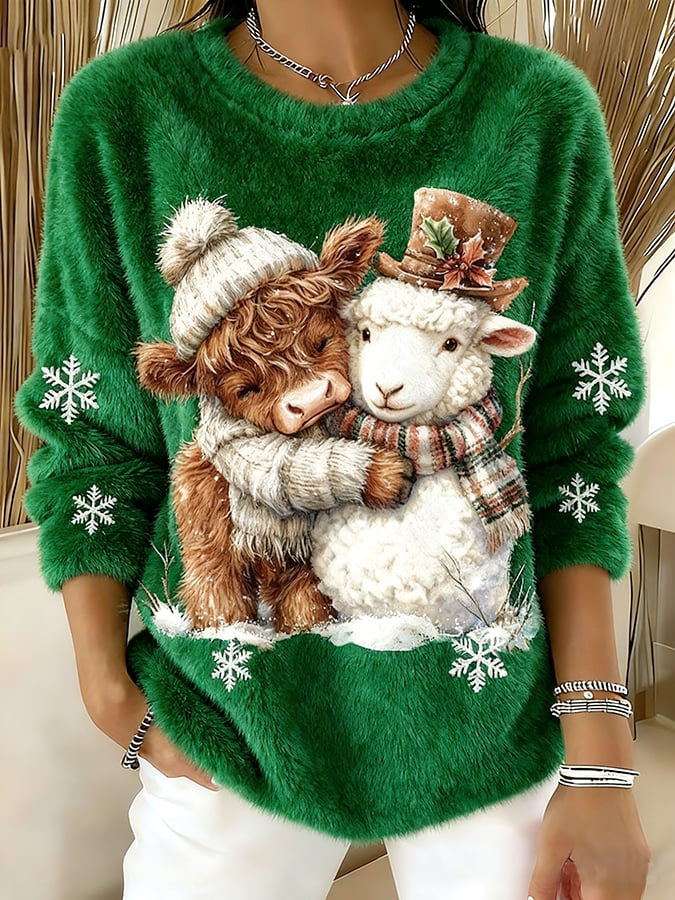 Women's Farm Animal Print Crew Neck Top