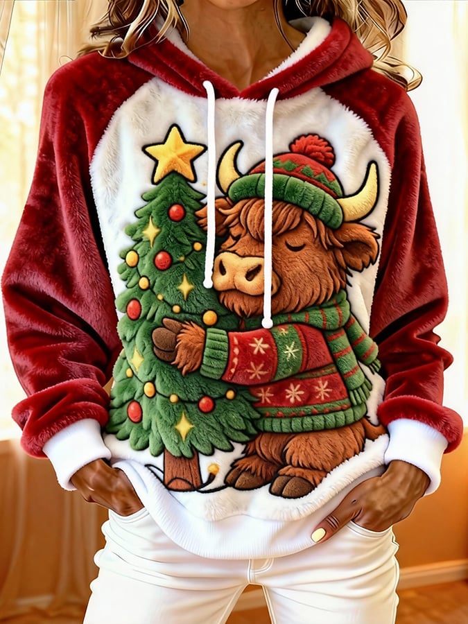 Women'S Cute Animal Highland Cow Print Flannel Raglan Sleeve Hooded Top