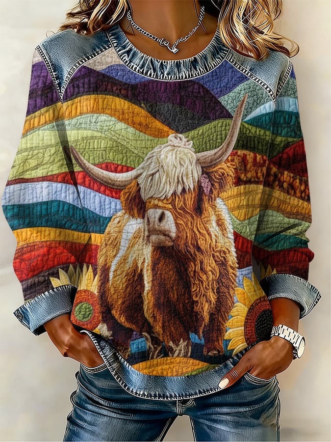 Women'S Casual Highland Cow Print Sweatshirt
