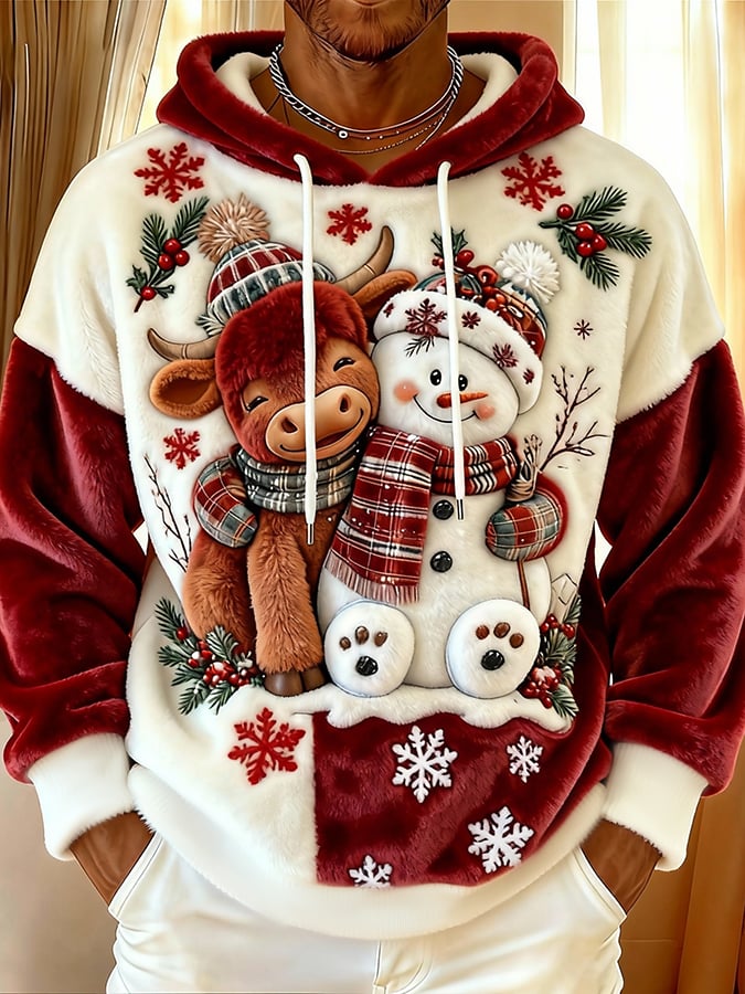 Men's Cute Animal Highland Cow Yeti Flannel Print Hooded Top