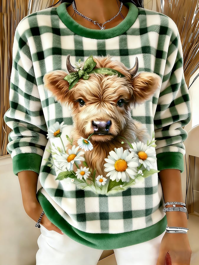 Women's Animal Highland Cow Art Print Round Neck Top