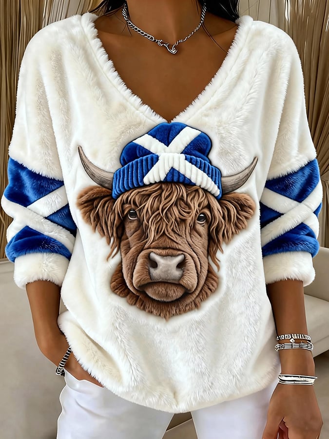Women's Animal Highland Cow Print V-Neck Top