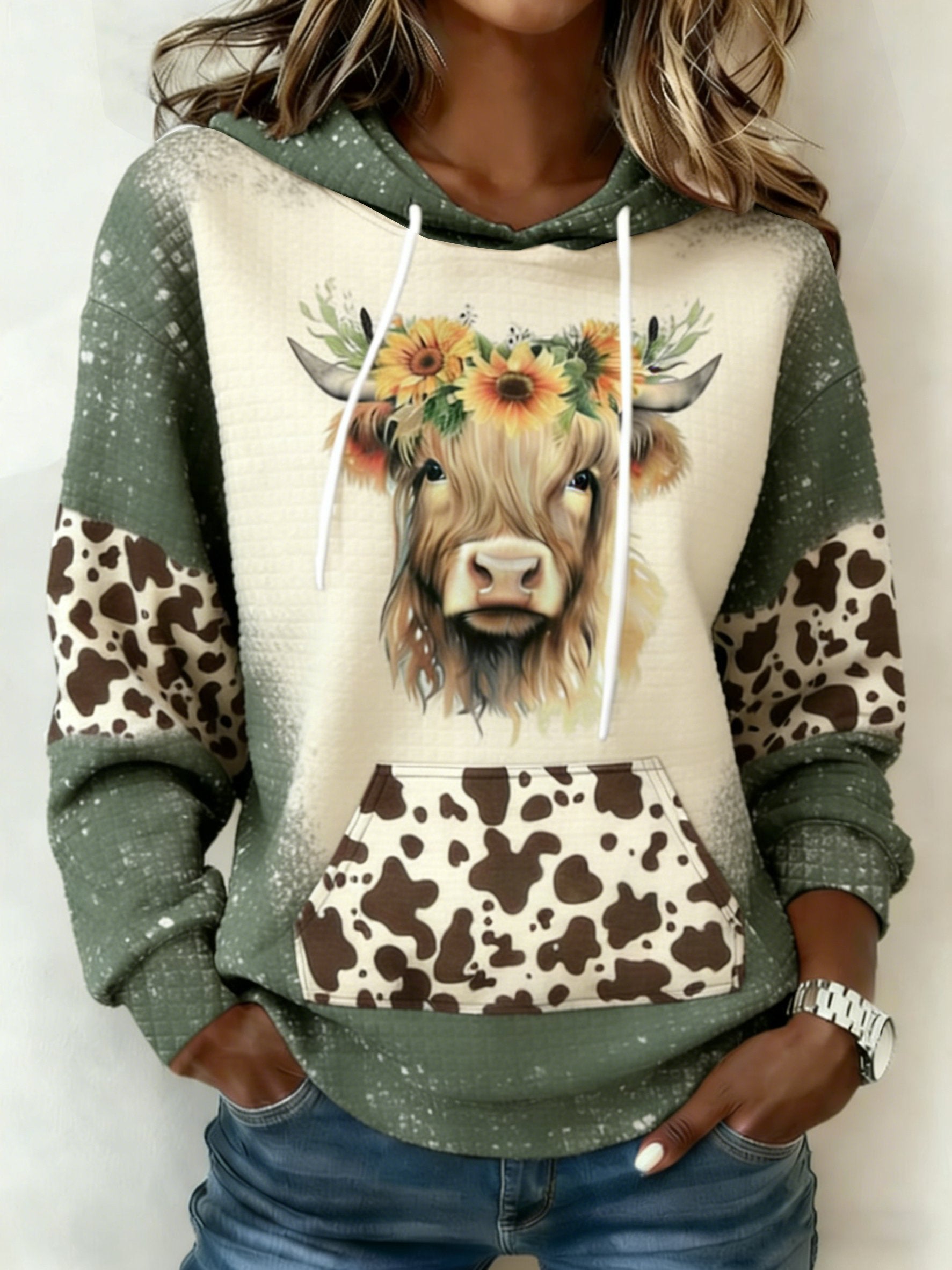 Women'S Casual Animal Highland Cow Western Style Print Hoodie