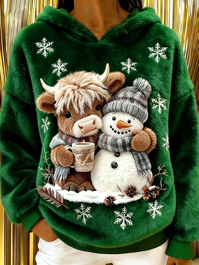 Women's Highland Cow Snowman Flannel Hooded Sweatshirt