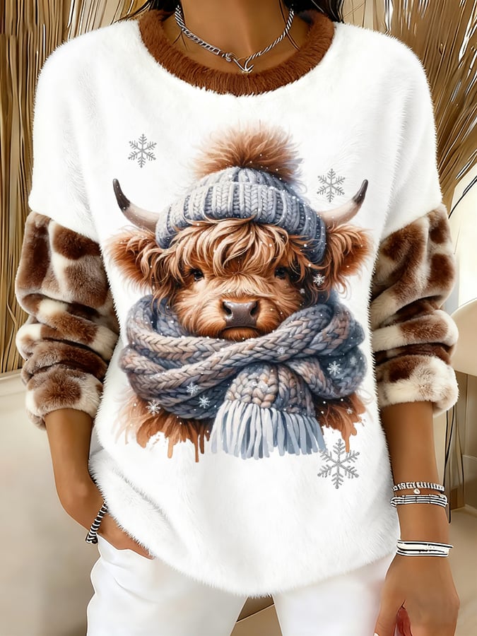 Women's Animal Highland Cow Art Print Round Neck Top