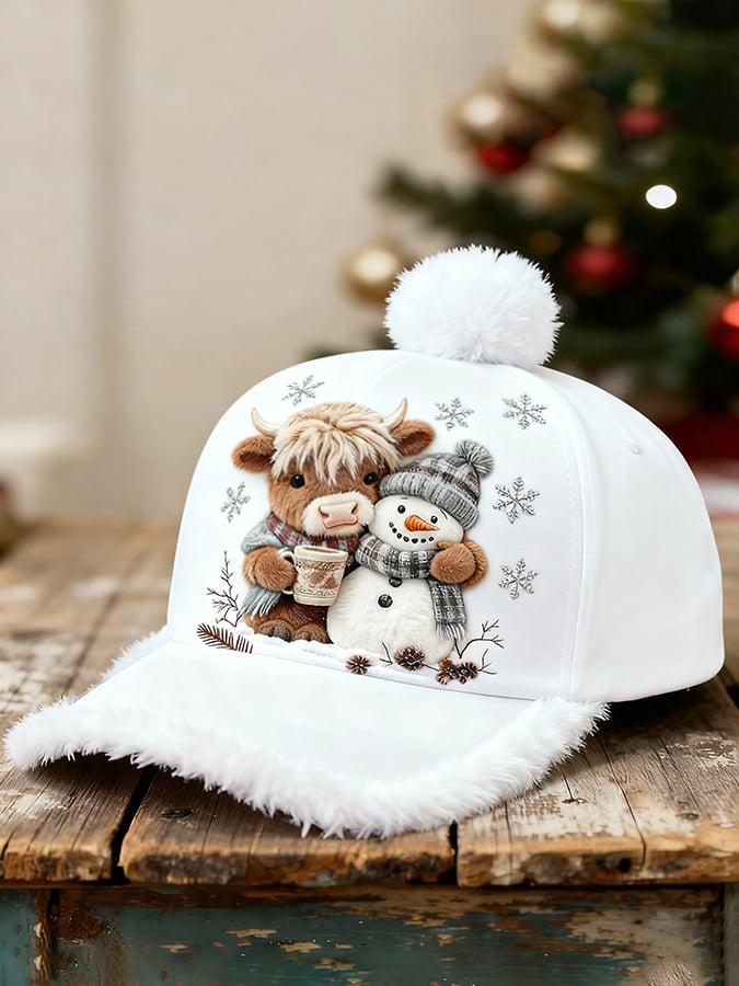 Cute Animal Print Baseball Cap Featuring A Highland Cow And A Snowman