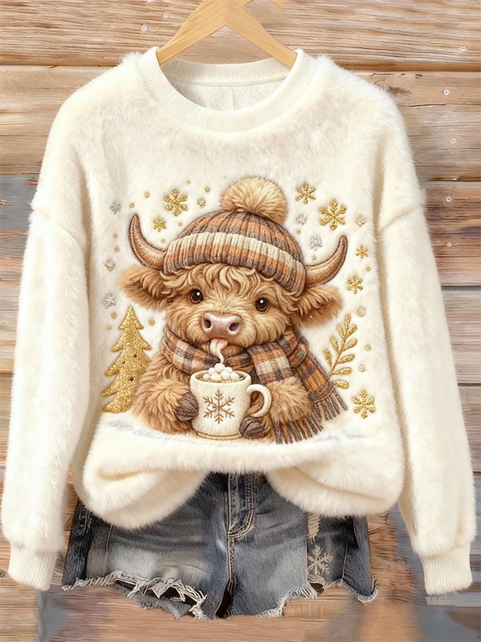 Women's Fluffy Highland Cow Print Round Neck Flannel Sweatshirt