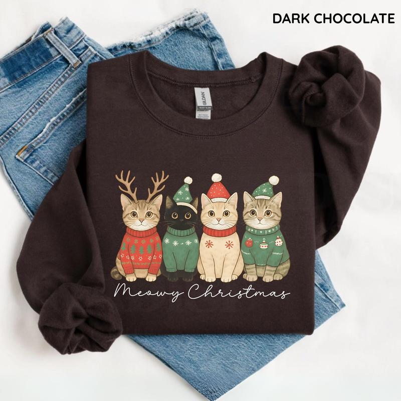 Meowy Christmas Sweatshirt, Cute Gildan Cat Sweatshirt, Cat Mom Gift, Retro Winter Vibes Sweatshirt