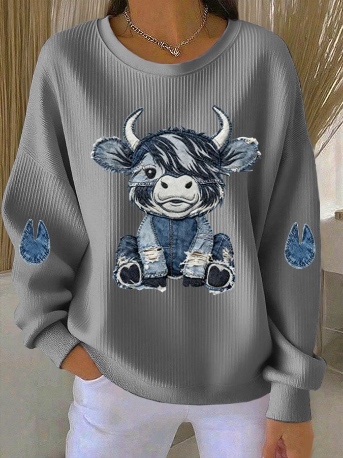 Women's Highland Denim Print Crew Neck Long Sleeve Top