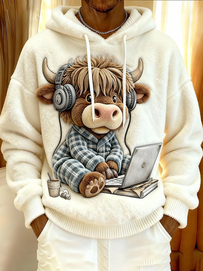 Men'S Animal Highland Cow Flannel Print Hoodie