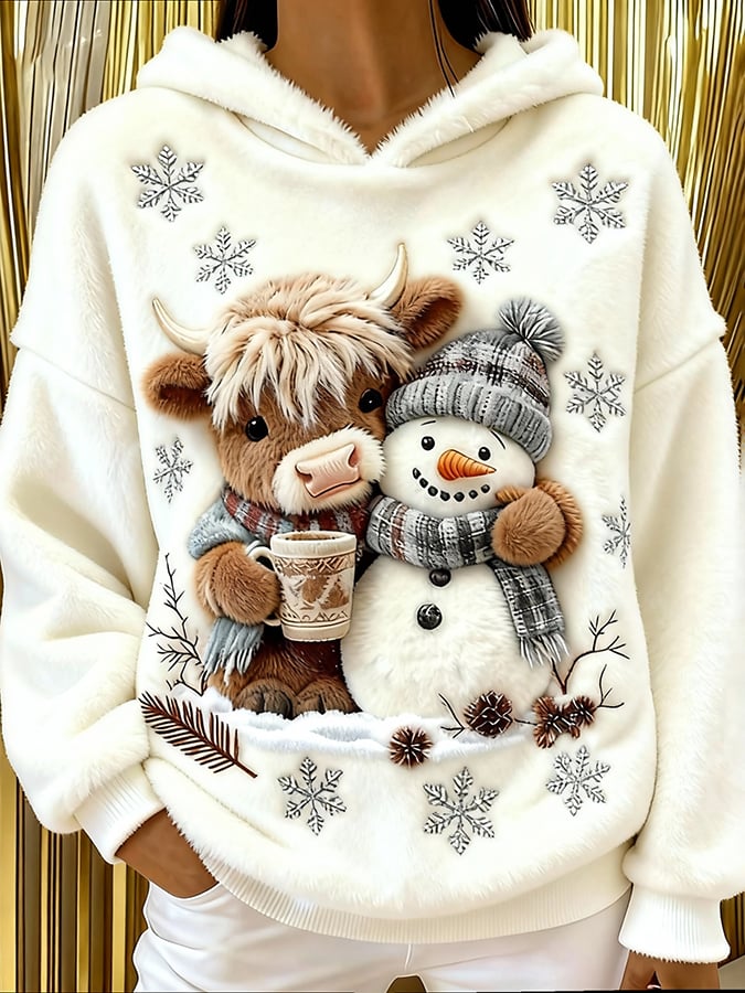 Women's Highland Cow Snowman Flannel Hooded Sweatshirt