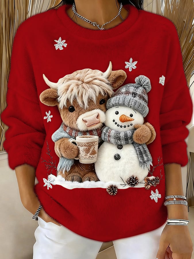 Women's Animal Highland Cow Yeti Art Print Crew Neck Top