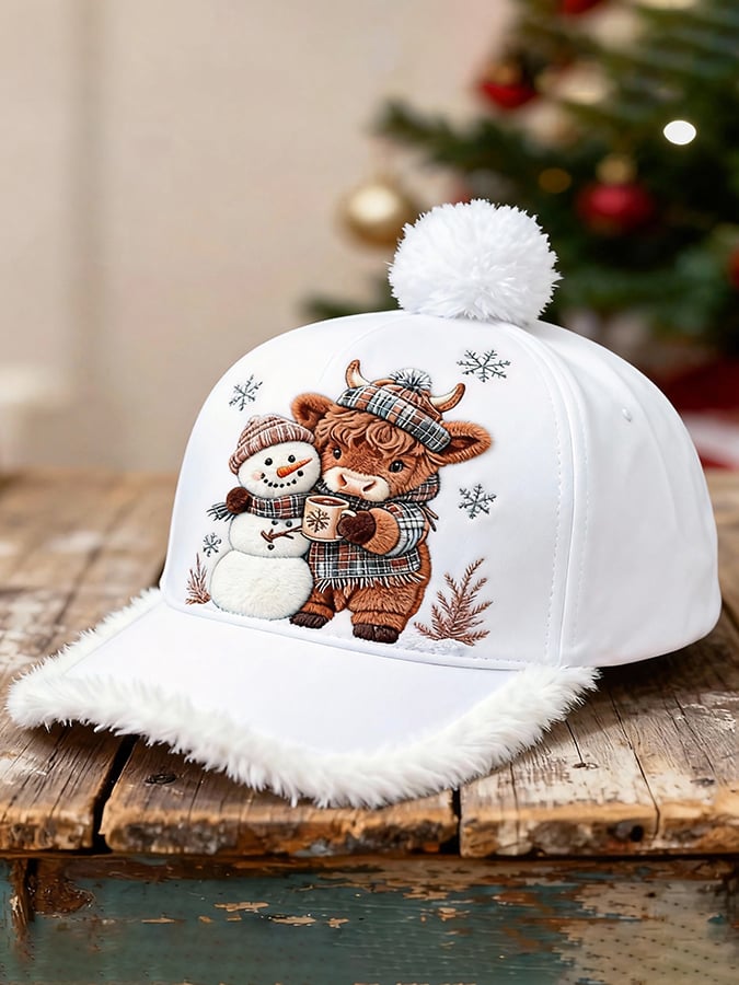 Cute Animal Print Baseball Cap Featuring A Highland Cow And A Snowman