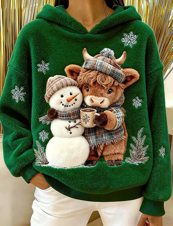 Women's Highland Cow Snowman Flannel Hooded Sweatshirt