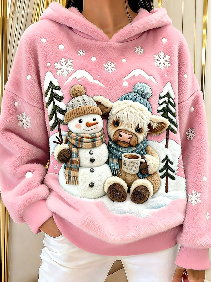 Women's Highland Cow Snowman Flannel Hooded Sweatshirt