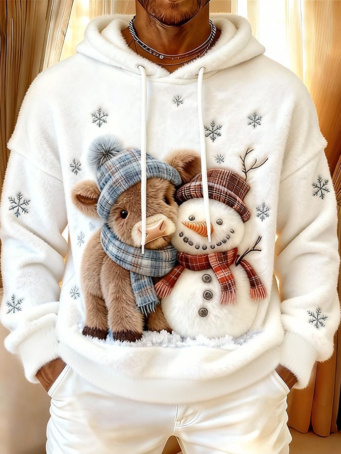 Men's Cute Animal Highland Cow Yeti Flannel Print Hooded Top