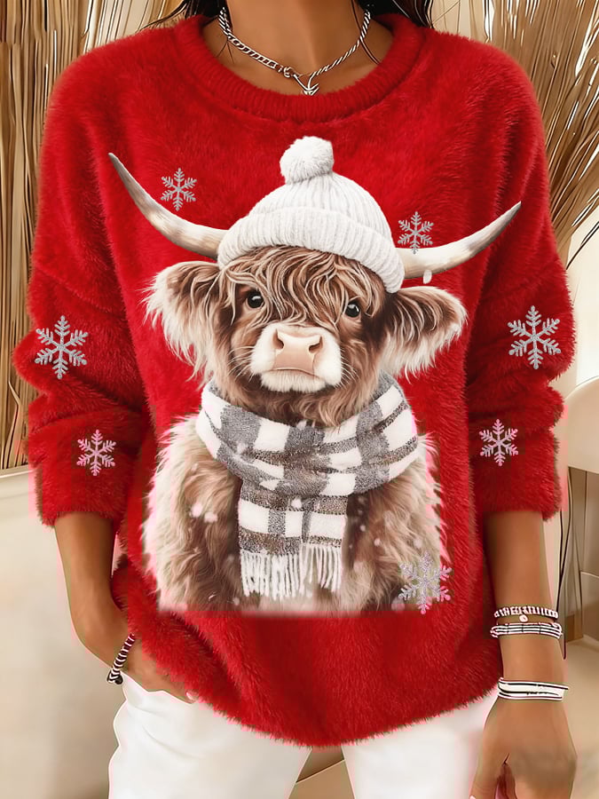 Women's Animal Highland Cow Art Print Round Neck Top