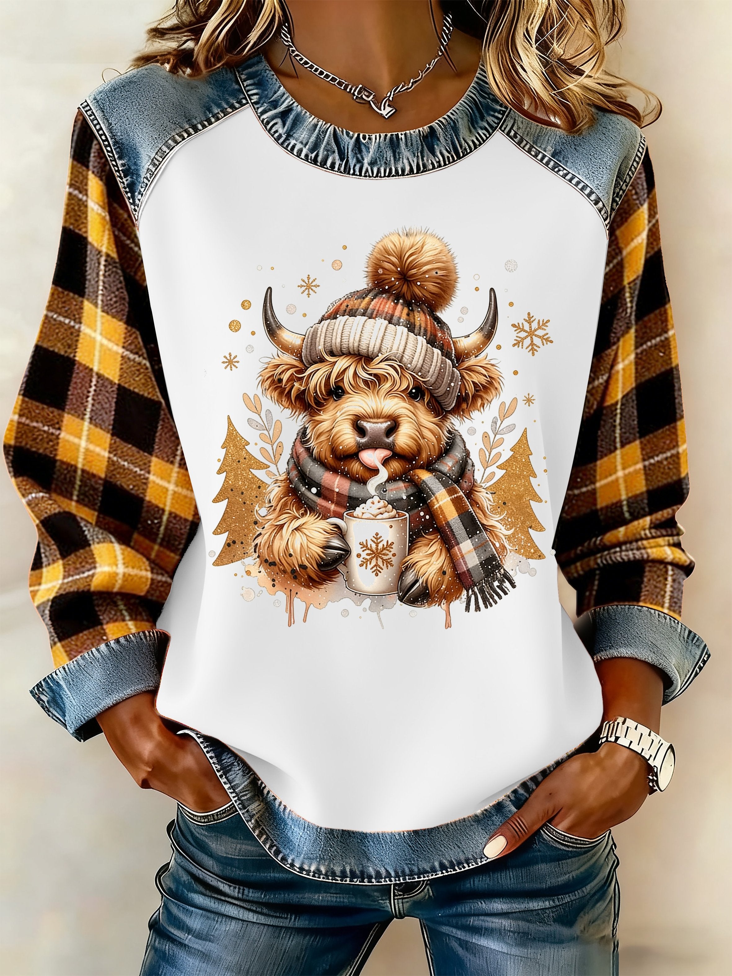 Women'S Casual Hoodie With Highland Cow Print