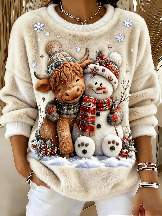 Women's Animal Highland Cow Yeti Art Print Crew Neck Top