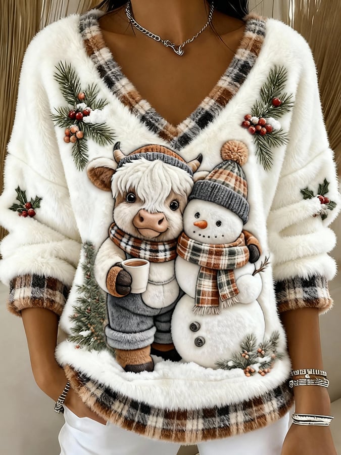 Women's Animal Highland Cow Print V-Neck Top