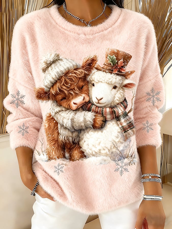 Women's Farm Animal Print Crew Neck Top