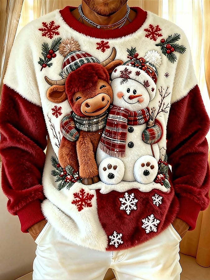 Men's Cute Animal Highland Cow Yeti Flannel Print Top