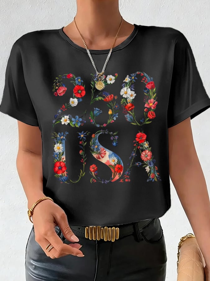 Women's 250th Anniversary National Flag Floral Print Casual T-Shirt