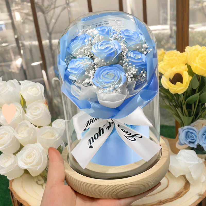 Preserved rose flower bouquet, a high-end romantic arrangement with LED lights.